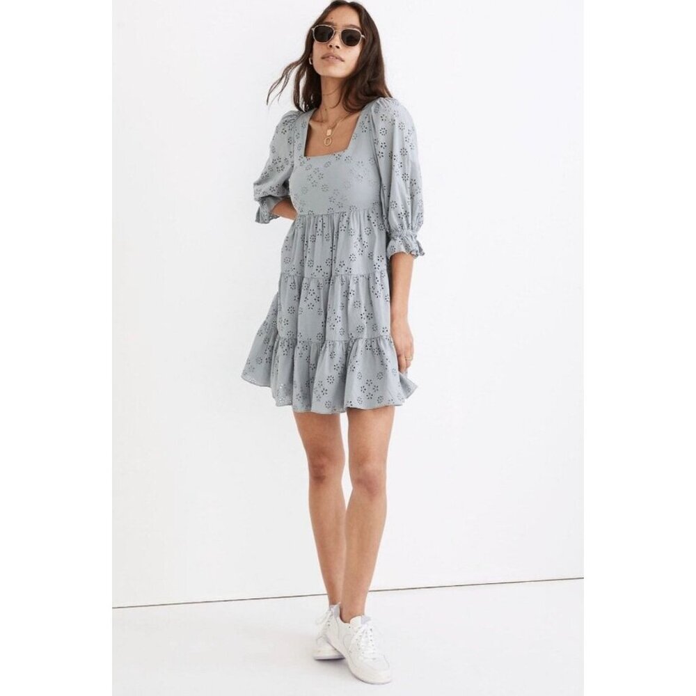 Madewell Blue Eyelet Lizzie Babydoll Dress Sz 0 Puff Sleeve NWT Flowy Cottage